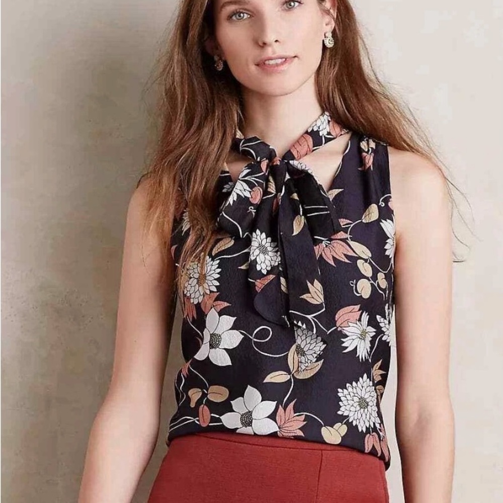 Maeve Black Floral Tie-Neck Silk Blouse